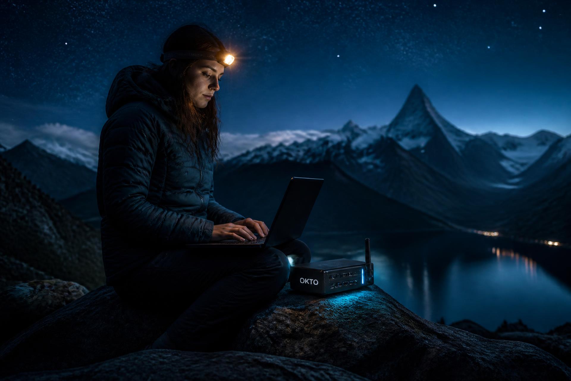 Young woman adventurer using a laptop beside an OKTO box under a starry night in the mountains