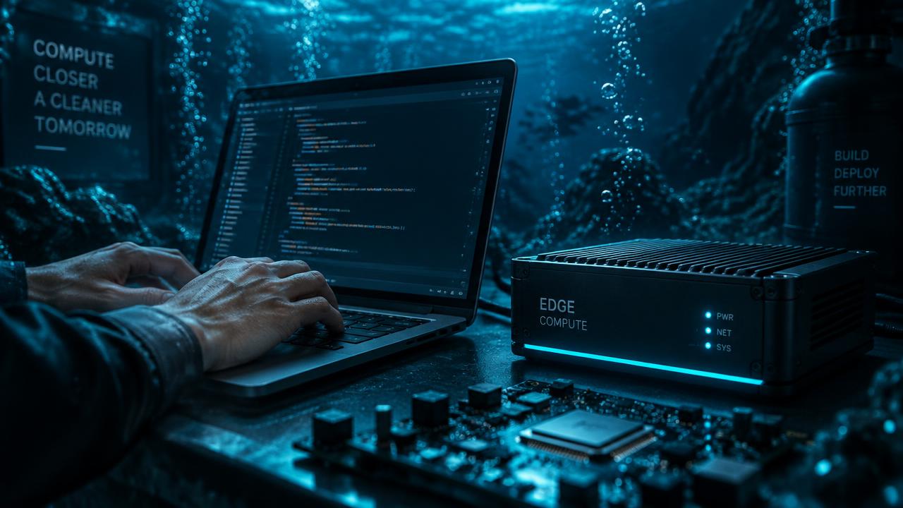 Streams of glowing code flowing from a laptop into an OKTO edge box, embedding software into hardware in deep underwater light